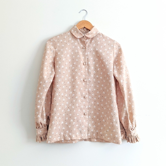 Vintage Tops - Vintage Beige Print Ruffle Cuff Button Down Blouse